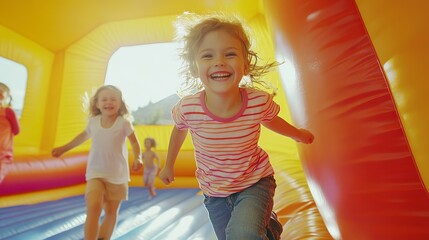 Happy children jumping and playing in bounce house