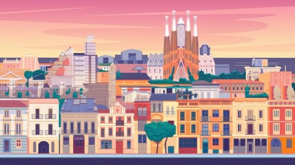 Obraz premium A Vibrant Flat Illustration Showcasing a Beautiful Panoramic High Fidelity View of a City at Sunset. Generative AI