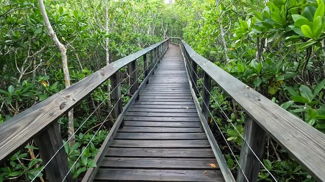 walking on wooden slats nature walk in mangrove forest reserve fajardo puerto rico (las cabezas de san juan preserve) bridge boardwalk trail path caribbean travel destination hiking adventure tourism