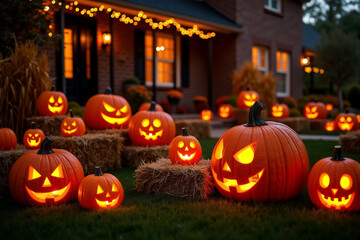 Fototapeta premium Halloween night pumpkin display with glowing jack-o'-lanterns on hay bales in front of a decorated house