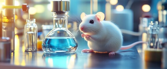 White lab mouse interacting with a blue liquid in a scientific laboratory setting during daylight hours