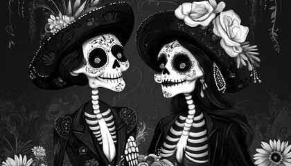 black and white portrait of a day of the dead catrin and catrina couple