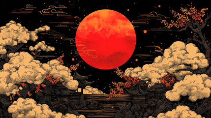 chinese illustration card with representative elements of their culture