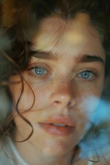 Close-up portrait of a woman with blue eyes