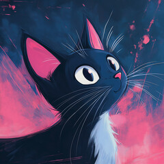cute illustrated black cat pink and black tones