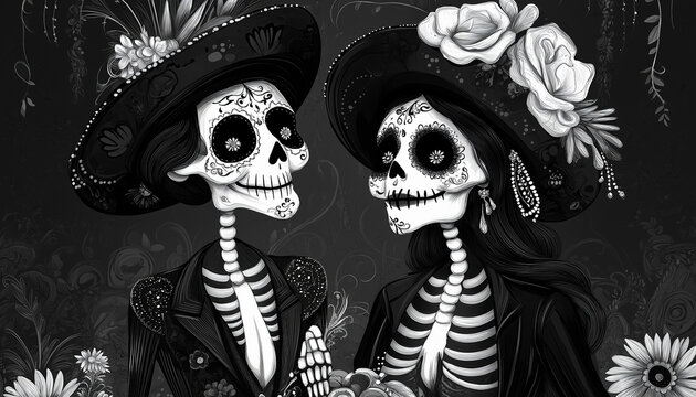 black and white portrait of a day of the dead catrin and catrina couple