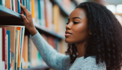 portrait of female student looking for a book on a library shelf