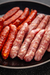 raw sausages beef, pork, chicken, lamb, dish fresh delicious gourmet food background on the table rustic food top view copy space