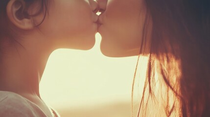 Naklejka premium Young daughter kissing her mother, close up with copy space, minimal background focusing on their bond.