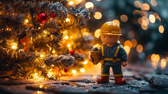 A construction worker porcelain figurine stands next to a decorated Christmas tree amid warm, glowing lights during the Christmas holiday. Christmas and New Year greetings