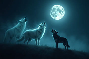 Mystical wolves howling under a full moonlit night