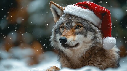 Wolf pup with gray fur wears a festive Santa hat while posing in a snowy winter landscape