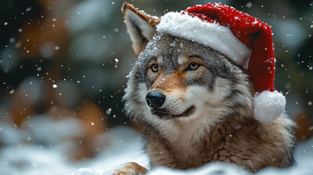 Wolf pup with gray fur wears a festive Santa hat while posing in a snowy winter landscape