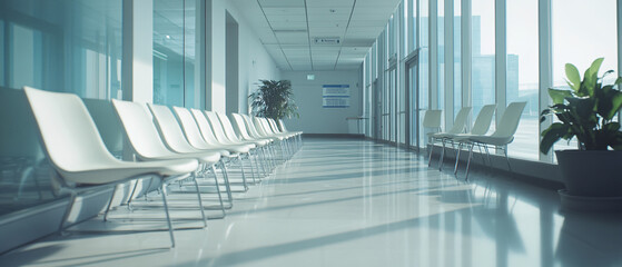Modern Waiting Room With Empty White Chairs And Large Windows