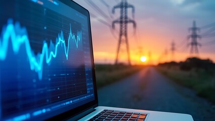 High-tech power grid interface displaying data analysis and price graphs, showcasing energy consumption and market trends