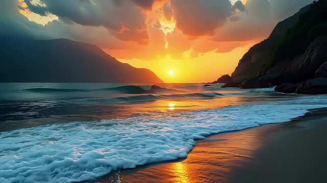 Serene sunset over a tranquil beach with waves gently lapping at the shore.