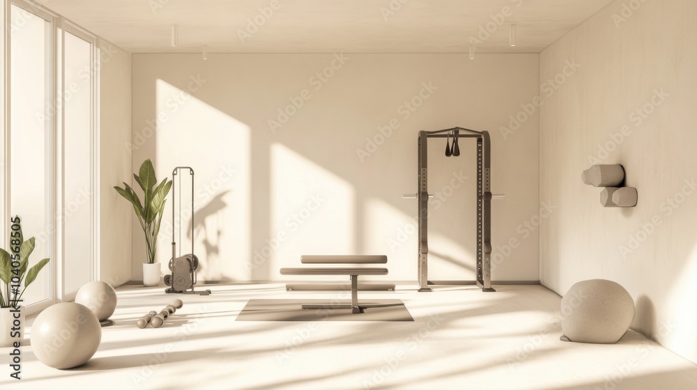 Poster a minimalist home gym with a sleek set of exercise equipment and an open space, symbolizing a modern