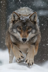 Obraz premium Majestic Wolf Leaping in Snowy Winter Wilderness Photography - 