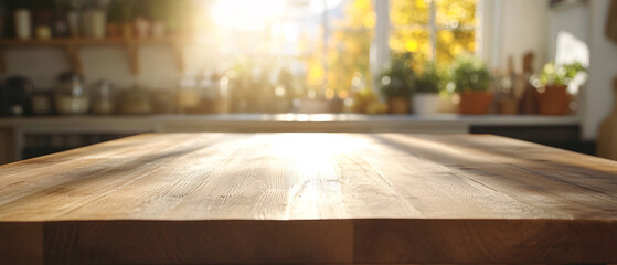 Fototapeta premium Wooden Tabletop with Blurred Background of Kitchen and Window
