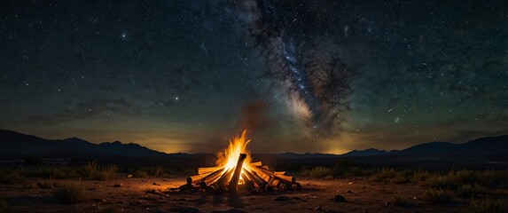 Fototapeta premium A vibrant campfire crackles and spits embers, casting a warm glow on the surrounding forest floor, against the breathtaking backdrop of a clear, galaxy-filled night sky, where millions of twinkling