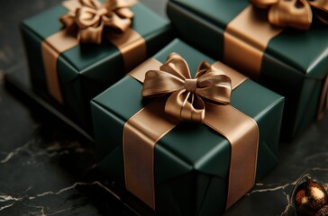 Luxurious dark green gift boxes with gold satin ribbons and bows arranged elegantly on a marble surface