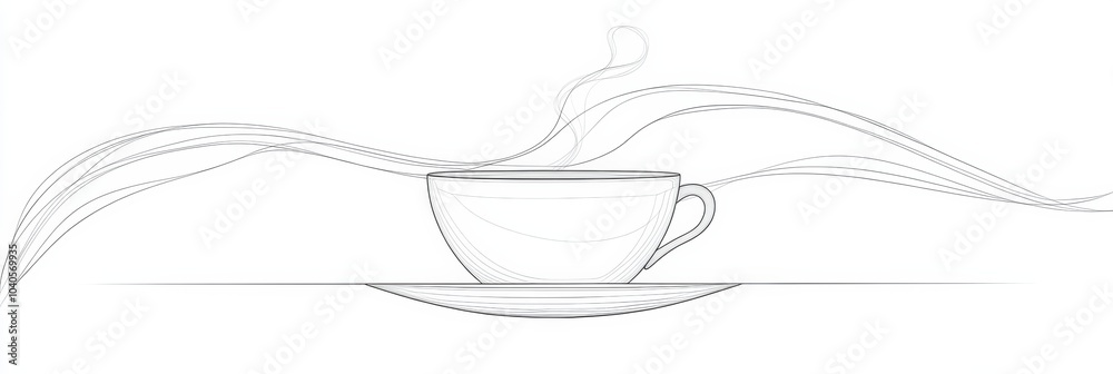 Poster a simple continuous line design illustrates a tea cup with gentle steam wafting upward, evoking a se