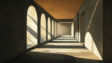 Fototapeta premium Sunlight Streaming Through Arched Windows in a Hallway