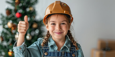Young girl in an orange vest and hard hat gives a thumbs up near a decorated Christmas tree during the Christmas holiday. Christmas and New Year greetings. Construction company. With copy space