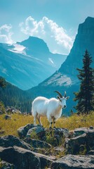 Fototapeta premium Mountain Goat Roaming Through Rocky Terrain at Glacier National Park Along Going-to-the-Sun Road. Generative AI