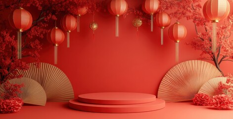 Elegant red Chinese-themed 3D rendering with traditional lanterns and decorative fans for cultural events