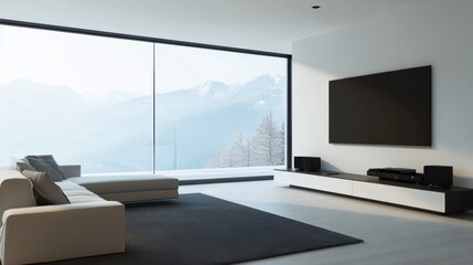 Fototapeta premium A minimalist living room with a floating media console, a low-profile sofa, and large panoramic windows