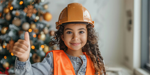 A confident young girl wearing a bright orange safety vest and a hard hat shows enthusiasm with a thumbs up gesture. Christmas and New Year greetings. Construction company. With copy space