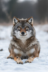 Obraz premium Majestic Wolf Resting on Snow in Winter Forest Photography - showcasing its strong presence in a winter forest landscape. The serene scene highlights the wolf's natural beauty and grace