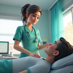 Obraz premium Cartoon-style nurse gently caring for a patient in a hospital room. The animated character is smiling while providing care, creating a compassionate and professional medical environment. 