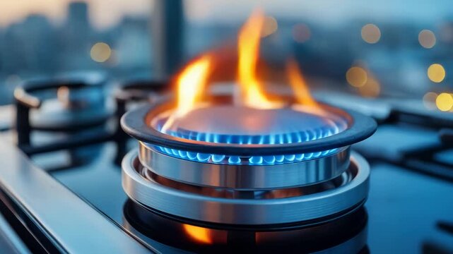 A bright blue flame flickers on a stovetop, illuminating the kitchen as the city skyline sparkles in the background