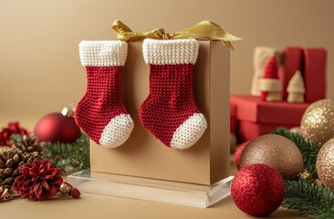 Fototapeta premium Festive Christmas scene featuring cute knit red stockings on cardboard box surrounded by shiny baubles, wrapped presents, and traditional holiday decorations