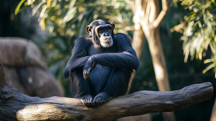 A chimpanzee rests on a tree branch surrounded by lush greenery, showcasing its serene expression and natural environment. Perfect for themes of wildlife, nature, and tranquility wallpaperrr © Ai Photography Class