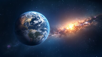 Naklejka premium From space, view of the milky way galaxy with a blue sunrise