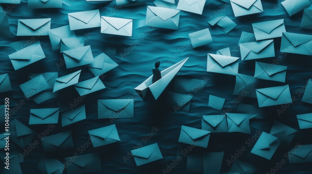 Poster A minimalistic depiction of a person floating on a paper boat in a sea of emails, symbolizing navigating through digital communication overload, Abstract setting