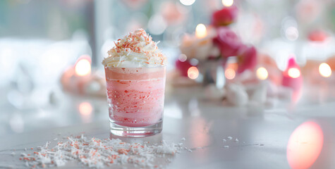 Berry protein milkshake on blurred cafe background. Banner template for advertising sports nutrition, menu, summer seasonal drinks and liquid desserts with space for text