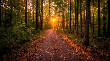 Fototapeta premium A tranquil forest trail at sunset, with golden light filtering through the trees, and a carpet of fallen leaves