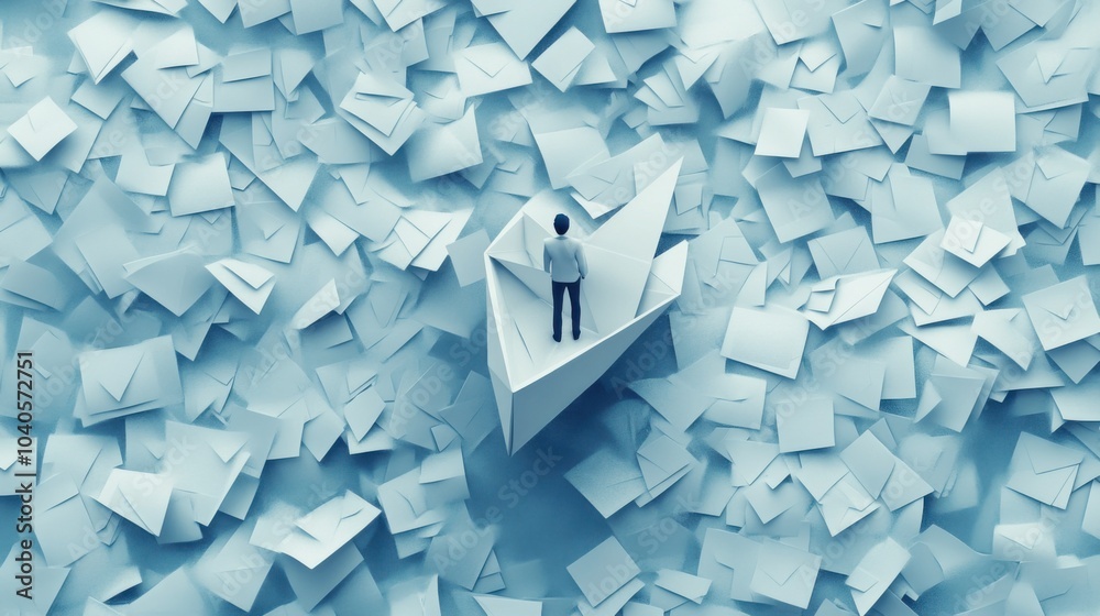 Poster A minimalistic depiction of a person floating on a paper boat in a sea of emails, symbolizing navigating through digital communication overload, Abstract setting