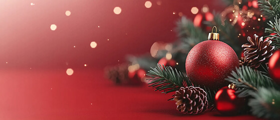 Sparkling Red Christmas Ornament with Pine Branches and Pine Cone, Sparkling Red Christmas Ornament with Pine Branches and Pine Con