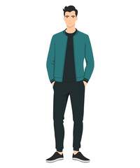 Vector illustration of a man in a turquoise jacket. Simple yet stylish combination suitable for everyday urban look.