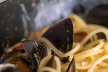 Italian style creamy spaghetti with mussels