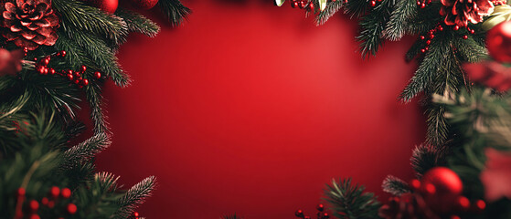 Festive Christmas Frame with Pine Branches and Red Ornaments on Red Background, Festive Christmas Frame with Pine Branches and Red Ornaments on