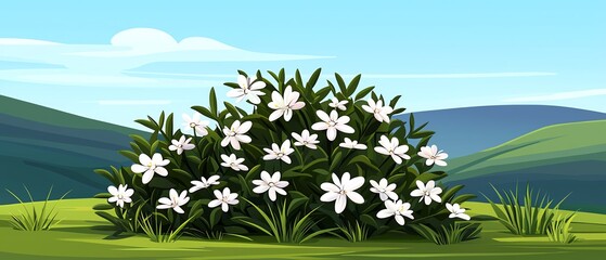 Obraz premium A vibrant green landscape features a lush bush adorned with white flowers against rolling hills and a clear blue sky.