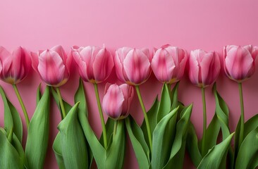 Fototapeta premium Beautiful arrangement of pink tulips on a soft pink background for spring decoration
