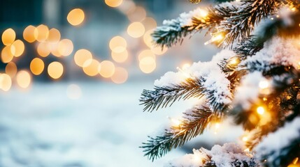 Christmas lights glowing on a snowy pine tree, creating a magical winter night