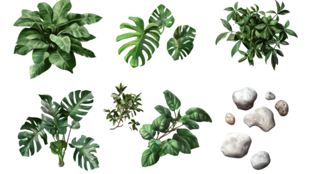 Tropical Plant Bushes and Stones on Clear Background Generative AI - Powered by Adobe